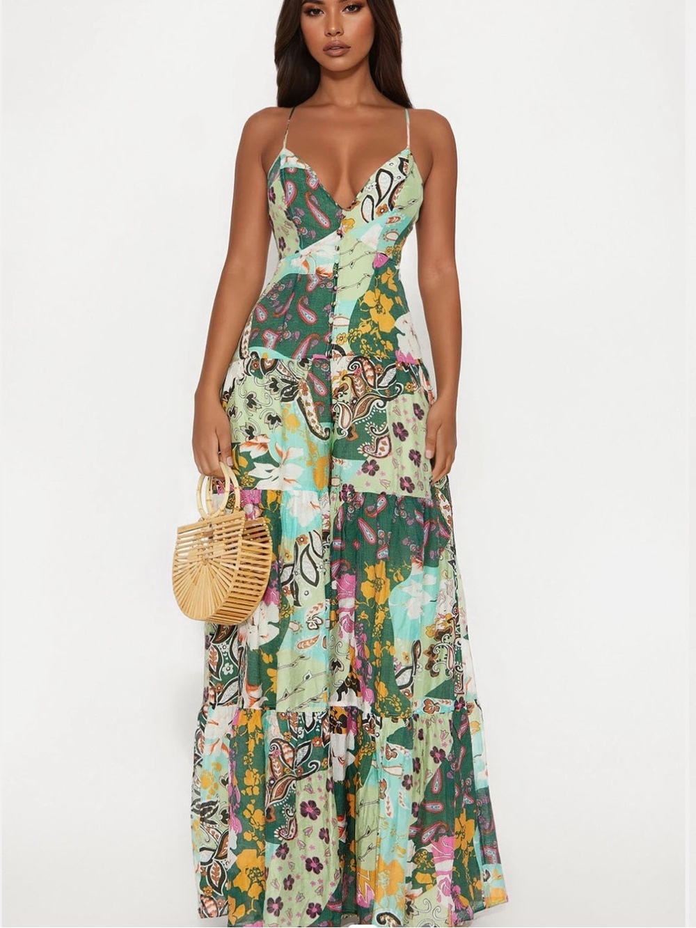 Fashion Nova Green Patchwork Spaghetti-Strap jumpsuit Never Worn